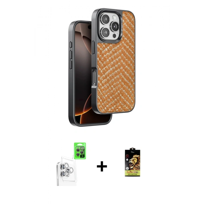 MARSİLYAN™- iPhone 16 Pro Max Kılıf Vadi Özel Seri - Siyah Buffer Cam Ekran Koruyucu + Raze Metal Kamera Lens - BZ