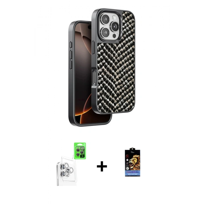MARSİLYAN™- iPhone 16 Pro Max Kılıf Vadi Özel Seri - Siyah Buffer Hayalet Cam Ekran Koruyucu + Beyaz Raze Metal Kamera Lens