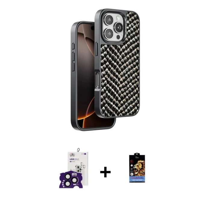 MARSİLYAN™- iPhone 16 Pro Max Kılıf Vadi Özel Seri - Siyah Buffer Hayalet Cam Ekran Koruyucu + Bilvis Titan Kamera Lens - SH