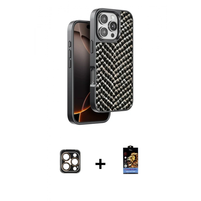 MARSİLYAN™- iPhone 16 Pro Max Kılıf Vadi Özel Seri - Siyah Buffer Hayalet Cam Ekran Koruyucu + PVD Metal Kamera Lens - GD