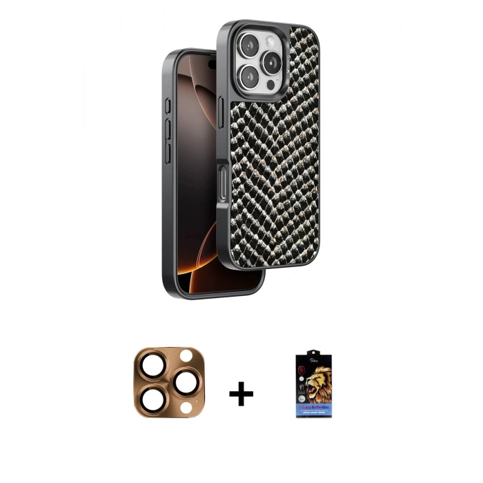 MARSİLYAN™- iPhone 16 Pro Max Kılıf Vadi Özel Seri - Siyah Buffer Hayalet Cam Ekran Koruyucu + Pers Alüminyum Kamera Lens - CLTM