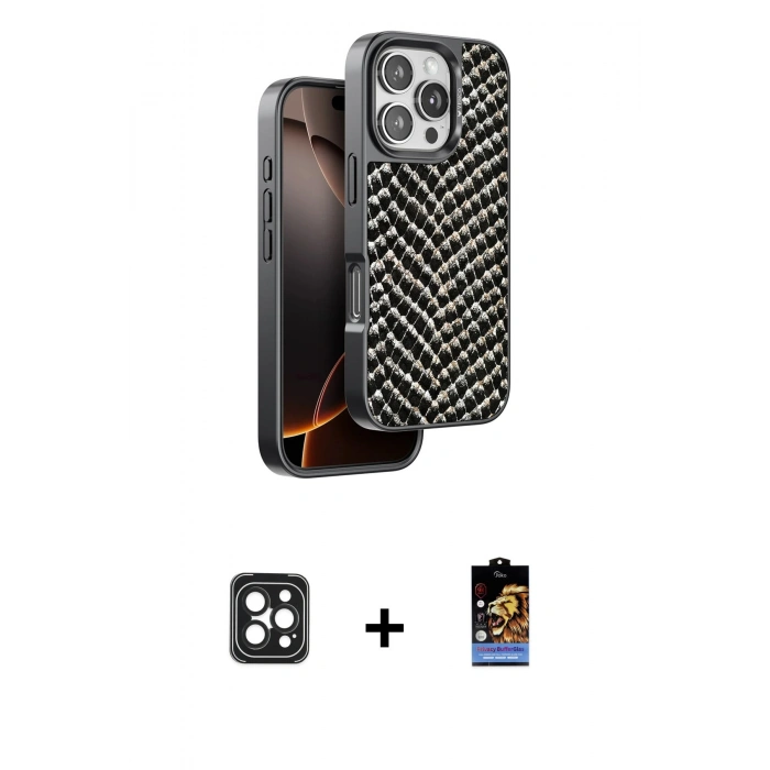 MARSİLYAN™- iPhone 16 Pro Max Kılıf Vadi Özel Seri - Siyah Buffer Hayalet Cam Ekran Koruyucu + Siyah PVD Metal Kamera Lens