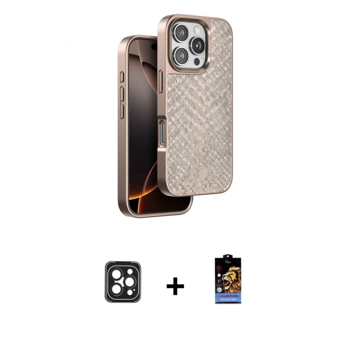MARSİLYAN™- iPhone 16 Pro Max Kılıf Vadi Özel Seri - Siyah Buffer Hayalet Cam Ekran Koruyucu + Siyah PVD Metal Kamera Lens