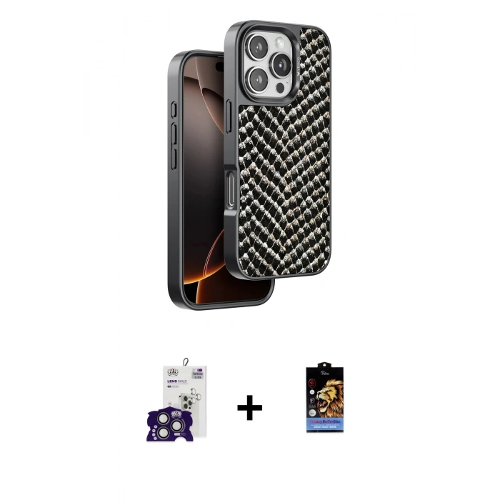 MARSİLYAN™- iPhone 16 Pro Max Kılıf Vadi Özel Seri - Siyah Buffer Hayalet Cam Ekran Koruyucu + Titanyum Gri Bilvis Titan Kamera Lens
