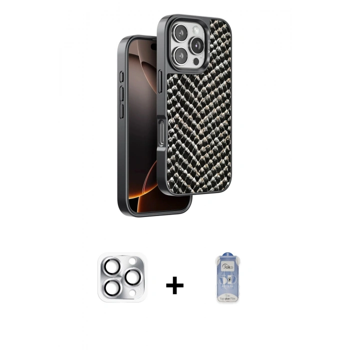 MARSİLYAN™- iPhone 16 Pro Max Kılıf Vadi Özel Seri - Siyah Joko Magic 5D Cam + Pers Alüminyum Kamera Lens - GS