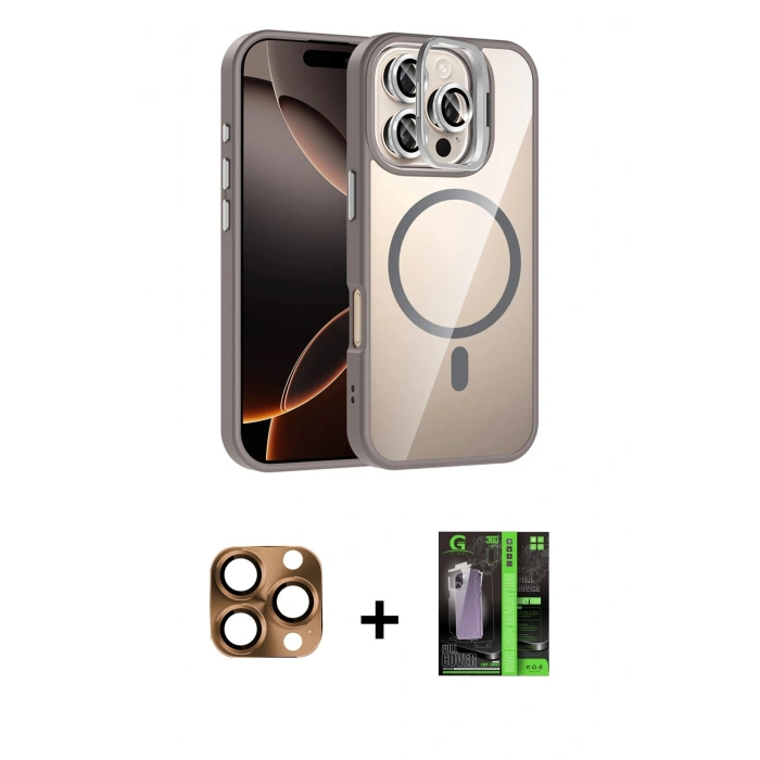 MARSİLYAN™- iPhone 16 Pro Max Kılıf Yadigar Asil Koleksiyonu - Şeffaf 360 Full Body Arka Koruyucu + Çöl Titanyum Pers Alüminyum Kamera Lens