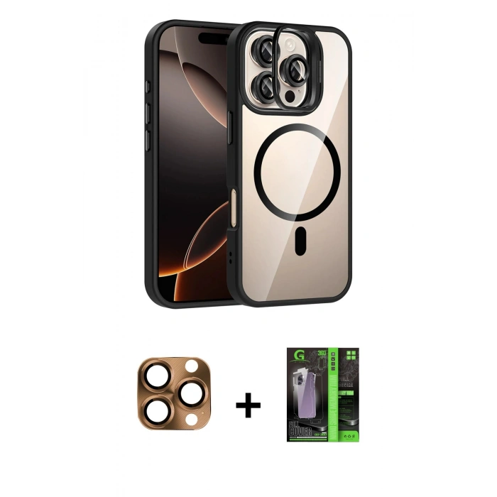 MARSİLYAN™- iPhone 16 Pro Max Kılıf Yadigar Asil Koleksiyonu - Şeffaf 360 Full Body Arka Koruyucu + Çöl Titanyum Pers Alüminyum Kamera Lens