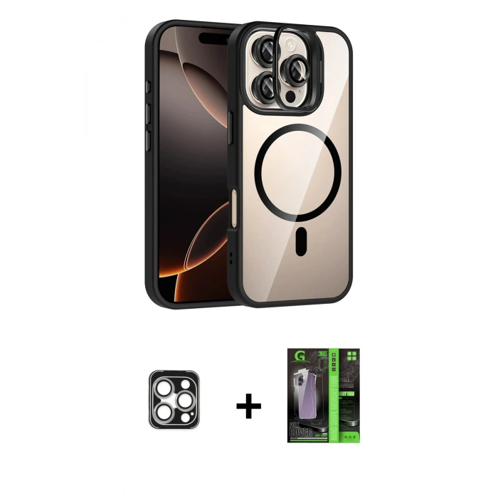 MARSİLYAN™- iPhone 16 Pro Max Kılıf Yadigar Asil Koleksiyonu - Şeffaf 360 Full Body Arka Koruyucu + PVD Metal Kamera Lens - GS