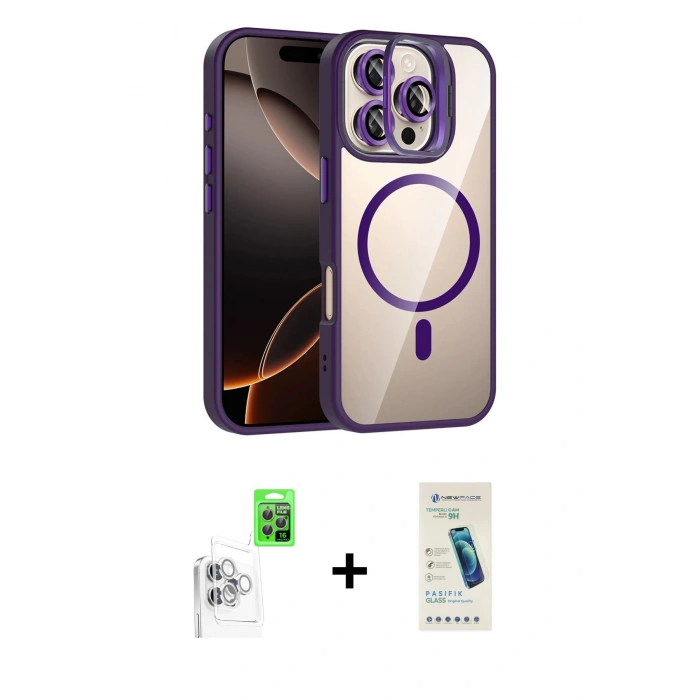 MARSİLYAN™- iPhone 16 Pro Max Kılıf Yadigar Asil Koleksiyonu - Şeffaf Pasifik Cam Ekran Koruyucu + Beyaz Raze Metal Kamera Lens