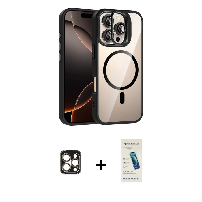 MARSİLYAN™- iPhone 16 Pro Max Kılıf Yadigar Asil Koleksiyonu - Şeffaf Pasifik Cam Ekran Koruyucu + PVD Metal Kamera Lens - GD
