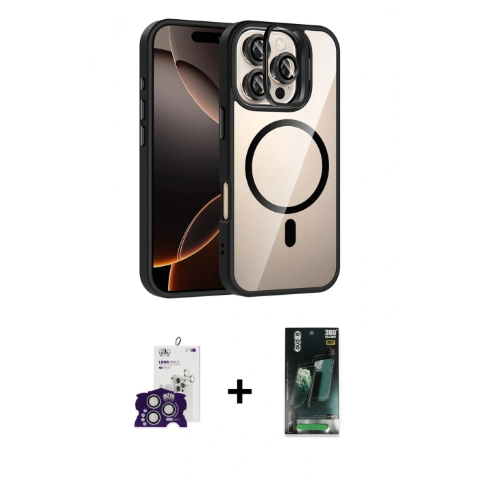 MARSİLYAN™- iPhone 16 Pro Max Kılıf Yadigar Asil Koleksiyonu - Siyah 360 Mat Full Body Arka Koruyucu + Bilvis Titan Kamera Lens - GS