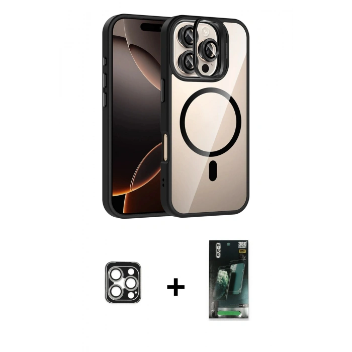 MARSİLYAN™- iPhone 16 Pro Max Kılıf Yadigar Asil Koleksiyonu - Siyah 360 Mat Full Body Arka Koruyucu + Gümüş PVD Metal Kamera Lens