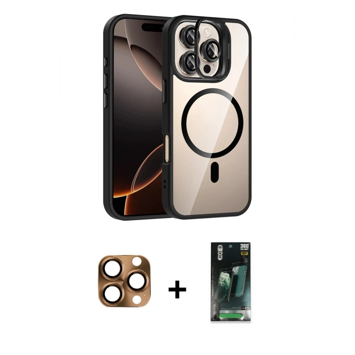MARSİLYAN™- iPhone 16 Pro Max Kılıf Yadigar Asil Koleksiyonu - Siyah 360 Mat Full Body Arka Koruyucu + Pers Alüminyum Kamera Lens - CLTM