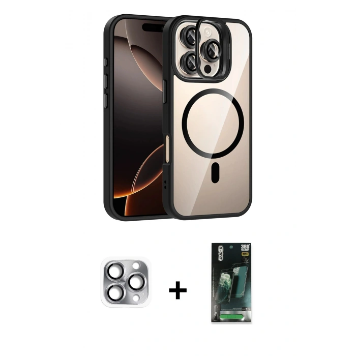 MARSİLYAN™- iPhone 16 Pro Max Kılıf Yadigar Asil Koleksiyonu - Siyah 360 Mat Full Body Arka Koruyucu + Pers Alüminyum Kamera Lens - GI
