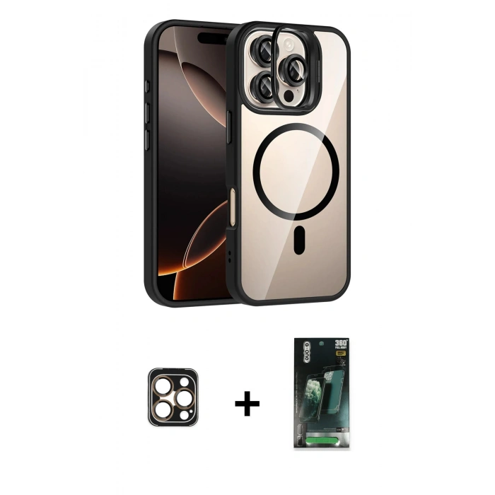 MARSİLYAN™- iPhone 16 Pro Max Kılıf Yadigar Asil Koleksiyonu - Siyah 360 Mat Full Body Arka Koruyucu + PVD Metal Kamera Lens - GD