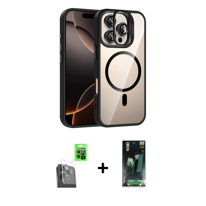 MARSİLYAN™- iPhone 16 Pro Max Kılıf Yadigar Asil Koleksiyonu - Siyah 360 Mat Full Body Arka Koruyucu + Siyah Raze Metal Kamera Lens