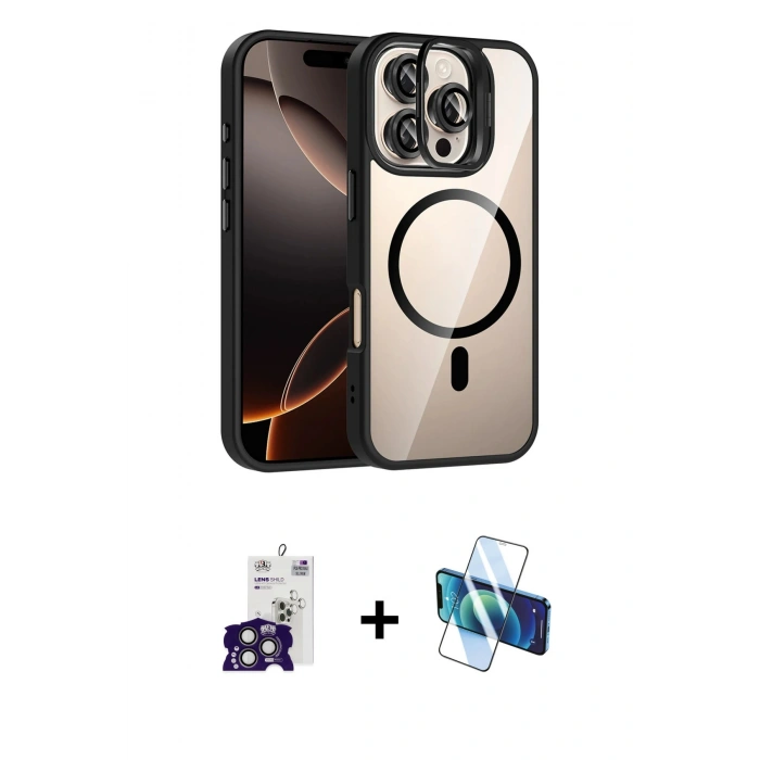 MARSİLYAN™- iPhone 16 Pro Max Kılıf Yadigar Asil Koleksiyonu - Siyah 3D Antistatik Cam Ekran Koruyucu + Bilvis Titan Kamera Lens - TMGI