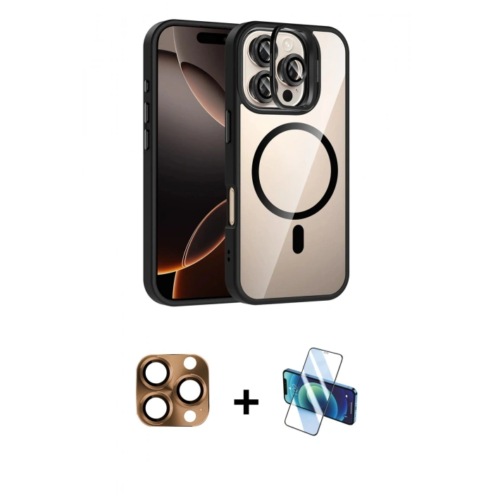 MARSİLYAN™- iPhone 16 Pro Max Kılıf Yadigar Asil Koleksiyonu - Siyah 3D Antistatik Cam Ekran Koruyucu + Pers Alüminyum Kamera Lens - CLTM