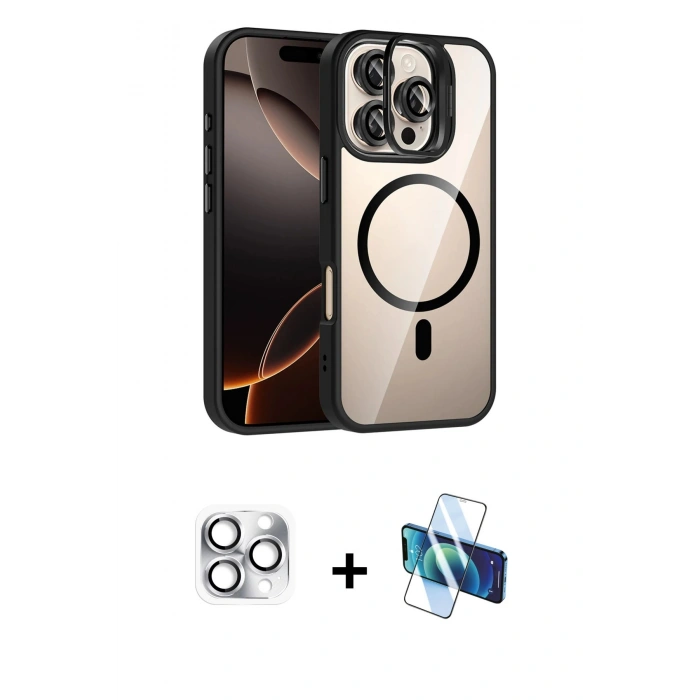 MARSİLYAN™- iPhone 16 Pro Max Kılıf Yadigar Asil Koleksiyonu - Siyah 3D Antistatik Cam Ekran Koruyucu + Pers Alüminyum Kamera Lens - GS