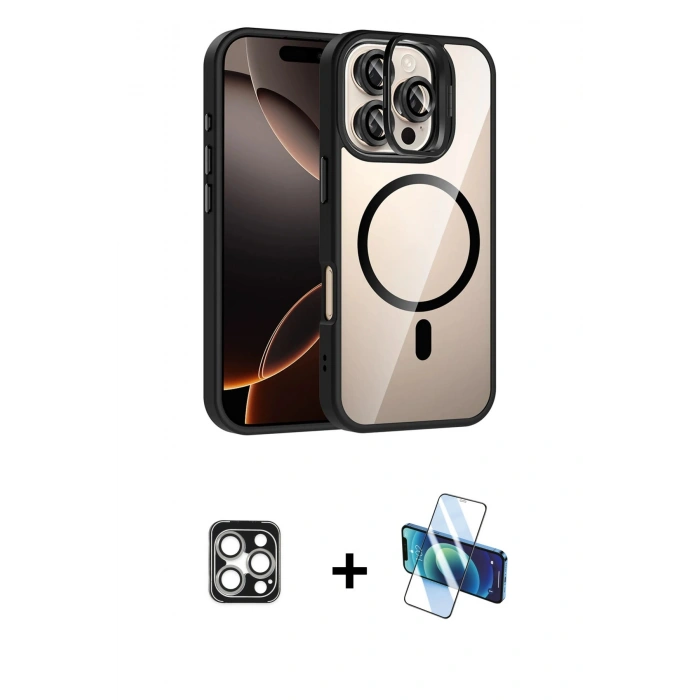 MARSİLYAN™- iPhone 16 Pro Max Kılıf Yadigar Asil Koleksiyonu - Siyah 3D Antistatik Cam Ekran Koruyucu + PVD Metal Kamera Lens - GS