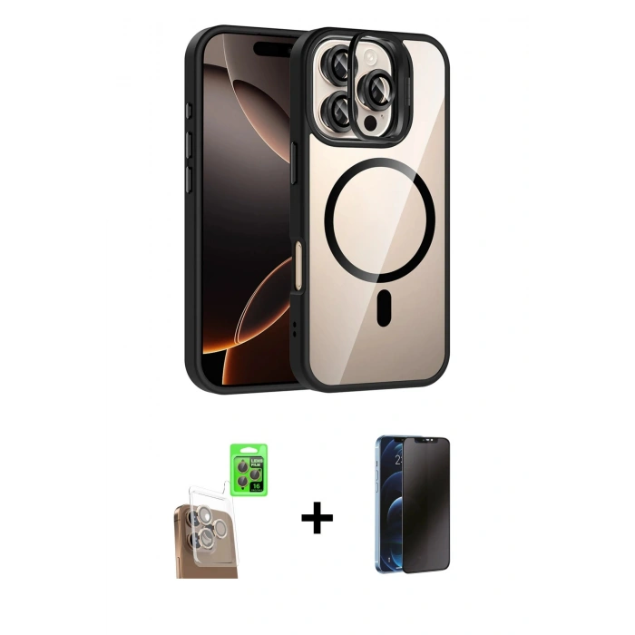 MARSİLYAN™- iPhone 16 Pro Max Kılıf Yadigar Asil Koleksiyonu - Siyah 3D Antistatik Hayalet Cam Ekran Koruyucu + Raze Metal Kamera Lens - CLTM