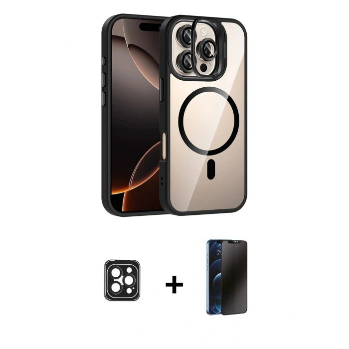 MARSİLYAN™- iPhone 16 Pro Max Kılıf Yadigar Asil Koleksiyonu - Siyah 3D Antistatik Hayalet Cam Ekran Koruyucu + PVD Metal Kamera Lens - SH