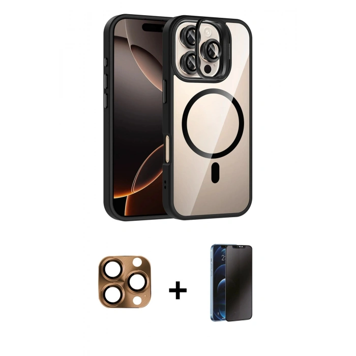 MARSİLYAN™- iPhone 16 Pro Max Kılıf Yadigar Asil Koleksiyonu - Siyah 3D Antistatik Hayalet Cam Ekran Koruyucu + Pers Alüminyum Kamera Lens - CLTM
