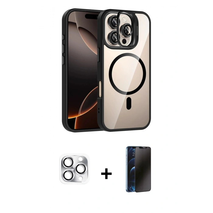 MARSİLYAN™- iPhone 16 Pro Max Kılıf Yadigar Asil Koleksiyonu - Siyah 3D Antistatik Hayalet Cam Ekran Koruyucu + Pers Alüminyum Kamera Lens - GS