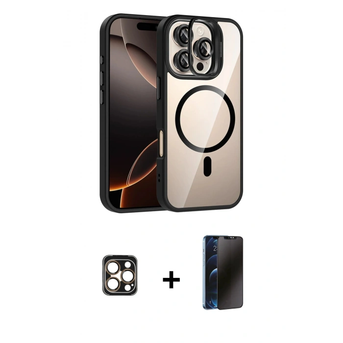 MARSİLYAN™- iPhone 16 Pro Max Kılıf Yadigar Asil Koleksiyonu - Siyah 3D Antistatik Hayalet Cam Ekran Koruyucu + PVD Metal Kamera Lens - GD