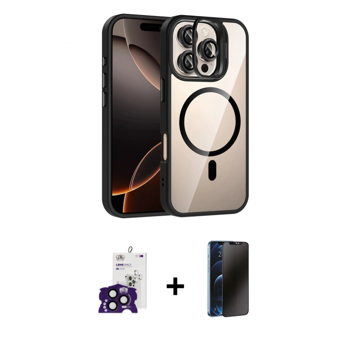 MARSİLYAN™- iPhone 16 Pro Max Kılıf Yadigar Asil Koleksiyonu - Siyah 3D Antistatik Hayalet Cam Ekran Koruyucu + Bilvis Titan Kamera Lens - SH