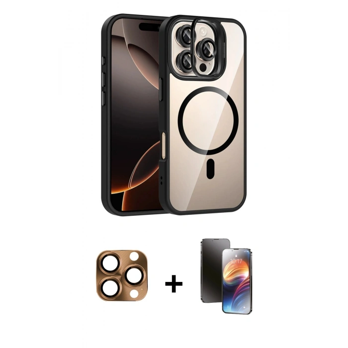 MARSİLYAN™- iPhone 16 Pro Max Kılıf Yadigar Asil Koleksiyonu - Siyah 3D Antistatik Mat Seramik Nano Ekran Koruyucu + Pers Alüminyum Kamera Lens - CLTM