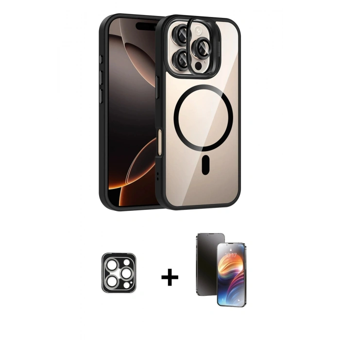 MARSİLYAN™- iPhone 16 Pro Max Kılıf Yadigar Asil Koleksiyonu - Siyah 3D Antistatik Mat Seramik Nano Ekran Koruyucu + PVD Metal Kamera Lens - GS
