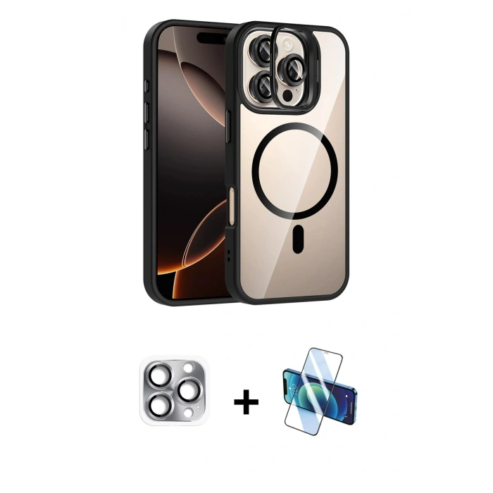 MARSİLYAN™- iPhone 16 Pro Max Kılıf Yadigar Asil Koleksiyonu - Siyah 3D Antistatik Seramik Nano Ekran Koruyucu + Pers Alüminyum Kamera Lens - GI