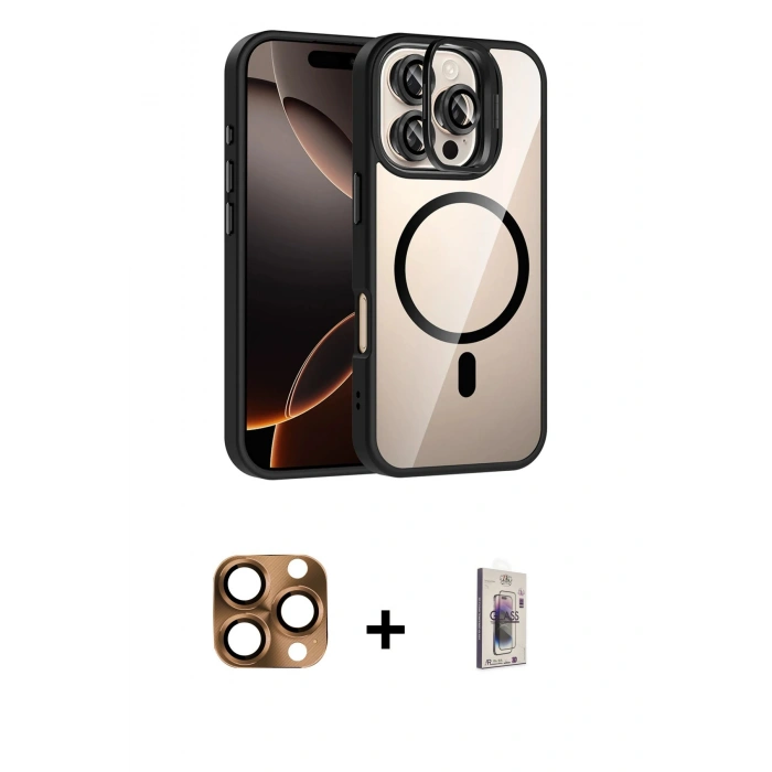 MARSİLYAN™- iPhone 16 Pro Max Kılıf Yadigar Asil Koleksiyonu - Siyah Bilvis 3D Cam Ekran Koruyucu + Pers Alüminyum Kamera Lens - CLTM