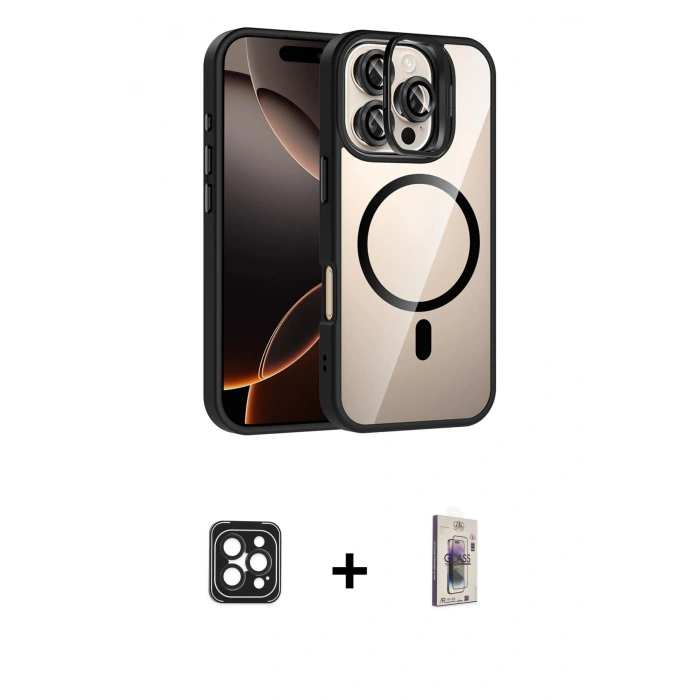 MARSİLYAN™- iPhone 16 Pro Max Kılıf Yadigar Asil Koleksiyonu - Siyah Bilvis 3D Cam Ekran Koruyucu + PVD Metal Kamera Lens - SH