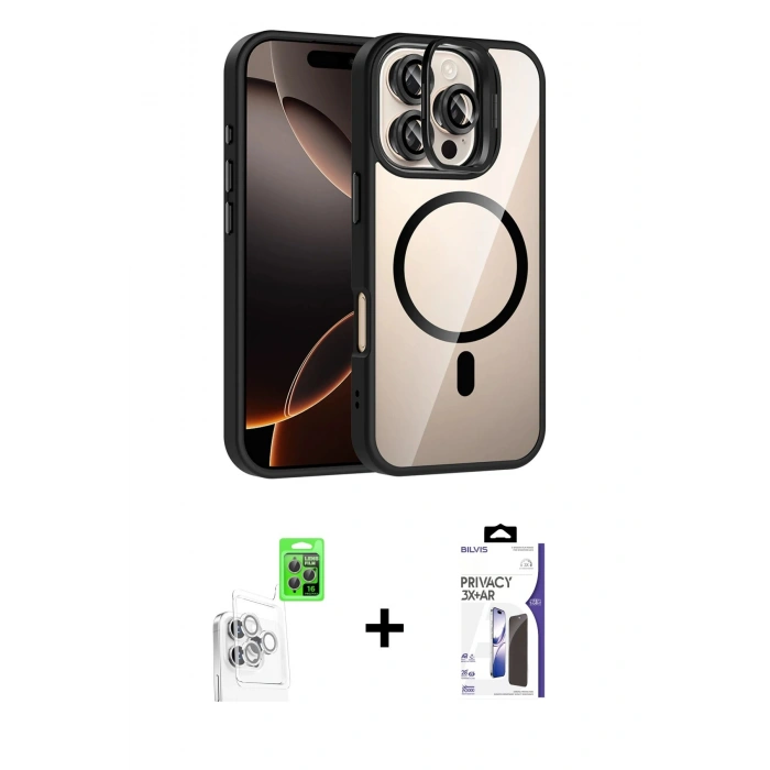 MARSİLYAN™- iPhone 16 Pro Max Kılıf Yadigar Asil Koleksiyonu - Siyah Bilvis 3X AR Hayalet Cam Ekran Koruyucu + Raze Metal Kamera Lens - BZ