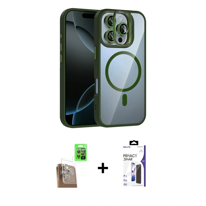 MARSİLYAN™- iPhone 16 Pro Max Kılıf Yadigar Asil Koleksiyonu - Siyah Bilvis 3X AR Hayalet Cam Ekran Koruyucu + Raze Metal Kamera Lens - CLTM