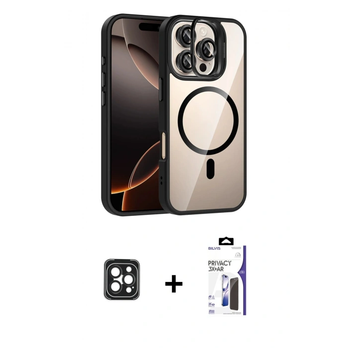 MARSİLYAN™- iPhone 16 Pro Max Kılıf Yadigar Asil Koleksiyonu - Siyah Bilvis 3X AR Hayalet Cam Ekran Koruyucu + PVD Metal Kamera Lens - SH