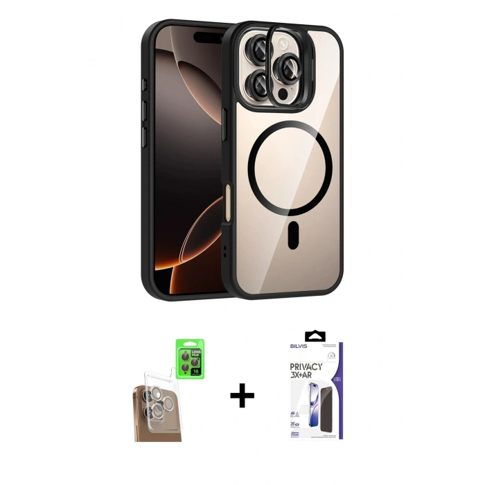 MARSİLYAN™- iPhone 16 Pro Max Kılıf Yadigar Asil Koleksiyonu - Siyah Bilvis 3X AR Hayalet Cam Ekran Koruyucu + Raze Metal Kamera Lens - CLTM