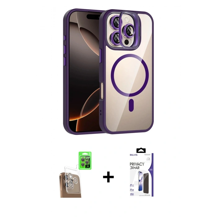 MARSİLYAN™- iPhone 16 Pro Max Kılıf Yadigar Asil Koleksiyonu - Siyah Bilvis 3X AR Hayalet Cam Ekran Koruyucu + Raze Metal Kamera Lens - CLTM