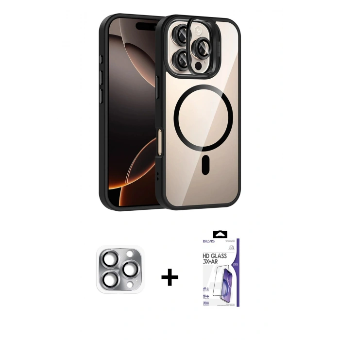 MARSİLYAN™- iPhone 16 Pro Max Kılıf Yadigar Asil Koleksiyonu - Siyah Bilvis 3X AR HD Cam Ekran Koruyucu + Pers Alüminyum Kamera Lens - GI