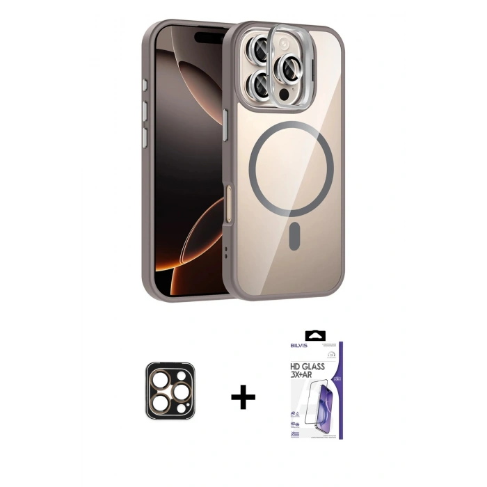 MARSİLYAN™- iPhone 16 Pro Max Kılıf Yadigar Asil Koleksiyonu - Siyah Bilvis 3X AR HD Cam Ekran Koruyucu + PVD Metal Kamera Lens - GD