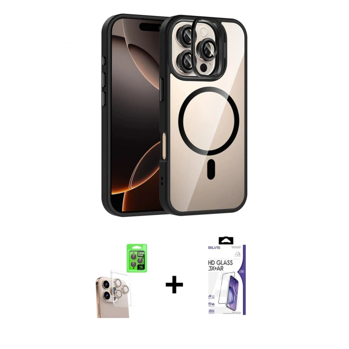 MARSİLYAN™- iPhone 16 Pro Max Kılıf Yadigar Asil Koleksiyonu - Siyah Bilvis 3X AR HD Cam Ekran Koruyucu + Raze Metal Kamera Lens - NLGY