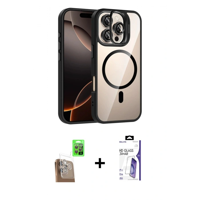 MARSİLYAN™- iPhone 16 Pro Max Kılıf Yadigar Asil Koleksiyonu - Siyah Bilvis 3X AR HD Cam Ekran Koruyucu + Raze Metal Kamera Lens - CLTM
