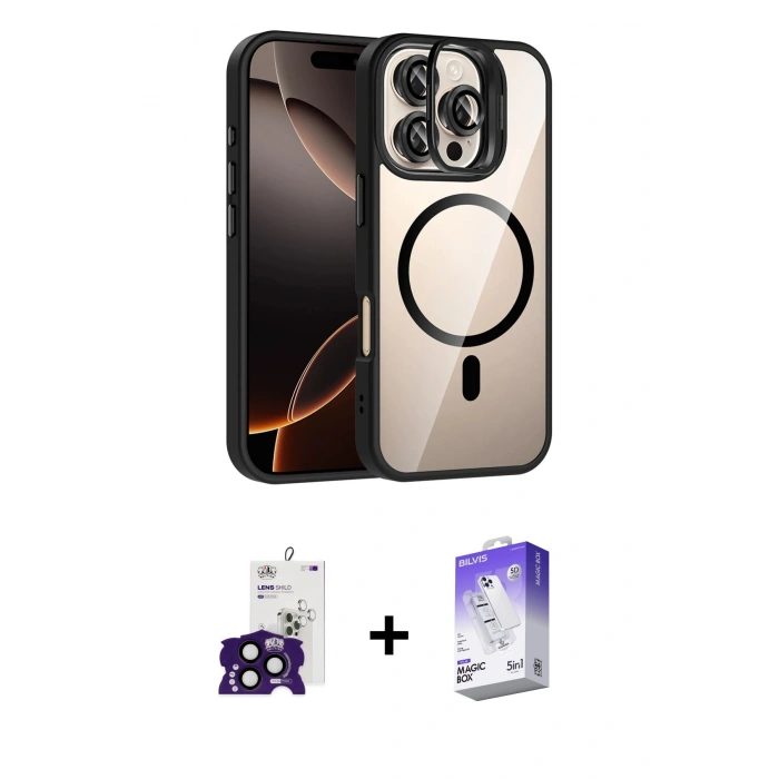 MARSİLYAN™- iPhone 16 Pro Max Kılıf Yadigar Asil Koleksiyonu - Siyah Bilvis 5in1 3D Magic Cam Ekran Koruyucu + Bilvis Titan Kamera Lens - SH