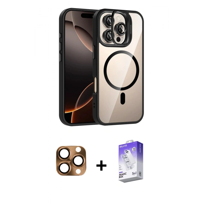 MARSİLYAN™- iPhone 16 Pro Max Kılıf Yadigar Asil Koleksiyonu - Siyah Bilvis 5in1 3D Magic Cam Ekran Koruyucu + Pers Alüminyum Kamera Lens - CLTM