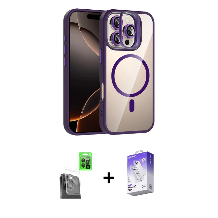 MARSİLYAN™- iPhone 16 Pro Max Kılıf Yadigar Asil Koleksiyonu - Siyah Bilvis 5in1 3D Magic Cam Ekran Koruyucu + Siyah Raze Metal Kamera Lens