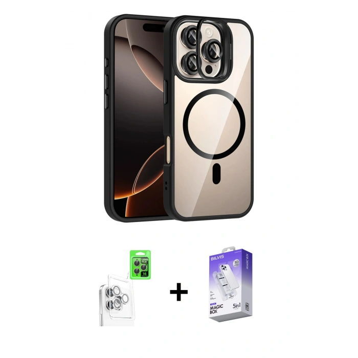 MARSİLYAN™- iPhone 16 Pro Max Kılıf Yadigar Asil Koleksiyonu - Siyah Bilvis 5in1 3D Magic Cam Ekran Koruyucu + Raze Metal Kamera Lens - BZ