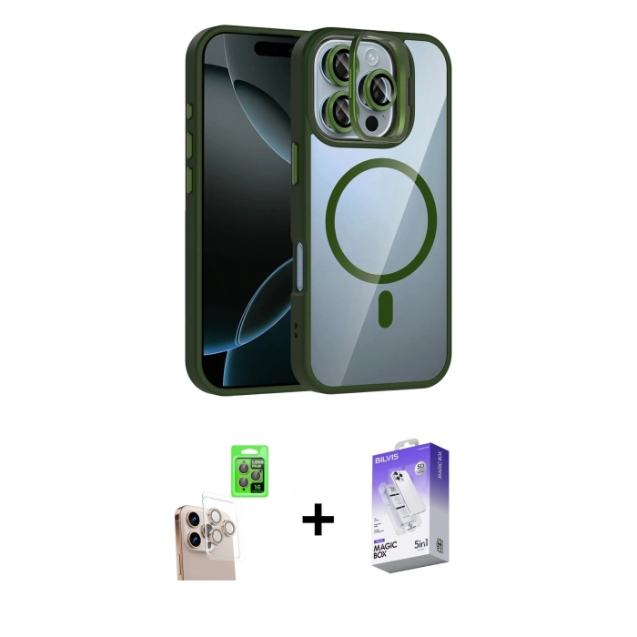 MARSİLYAN™- iPhone 16 Pro Max Kılıf Yadigar Asil Koleksiyonu - Siyah Bilvis 5in1 3D Magic Cam Ekran Koruyucu + Raze Metal Kamera Lens - NLGY
