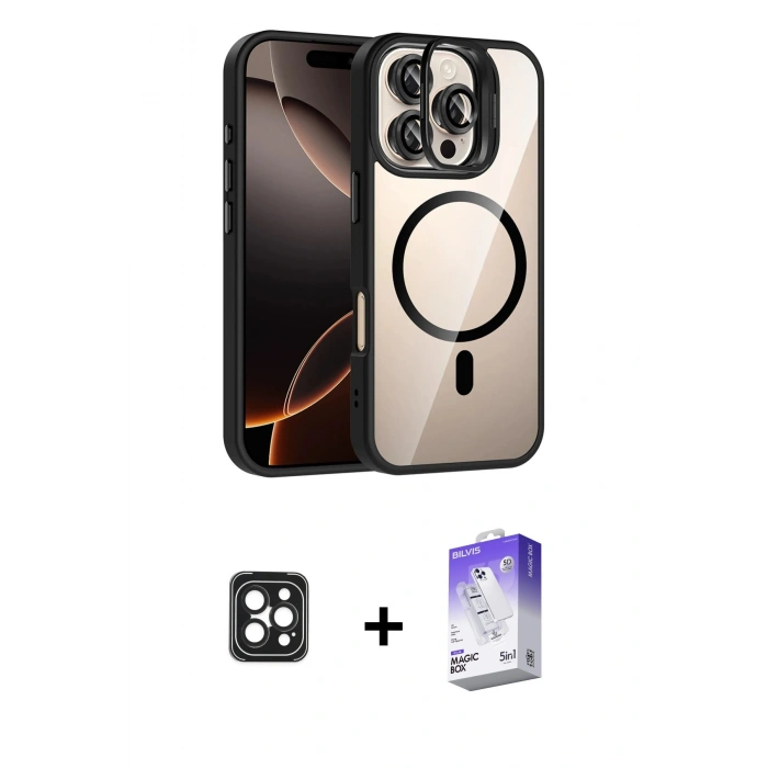 MARSİLYAN™- iPhone 16 Pro Max Kılıf Yadigar Asil Koleksiyonu - Siyah Bilvis 5in1 3D Magic Cam Ekran Koruyucu + PVD Metal Kamera Lens - SH